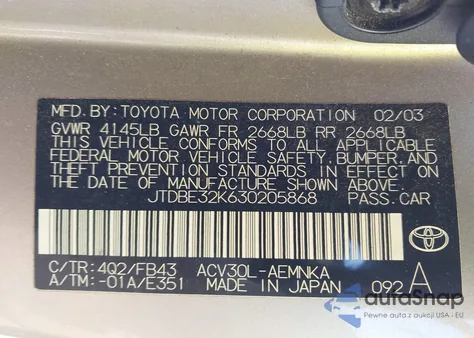 2003 Toyota Camry Le z USA, uszkodzony, nr VIN JTDBE32K630205868